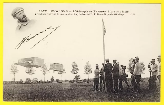 cpa 51 CHALONS L' AÉROPLANE "FARMAN" Moteur 50HP Renault Vol vers REIMS Soldats