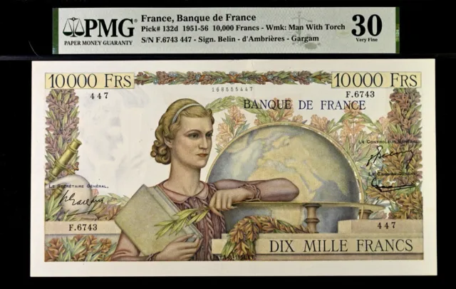 France 10,000 Francs Pick# 132d 1951-56 PMG 30 Very Fine banknote