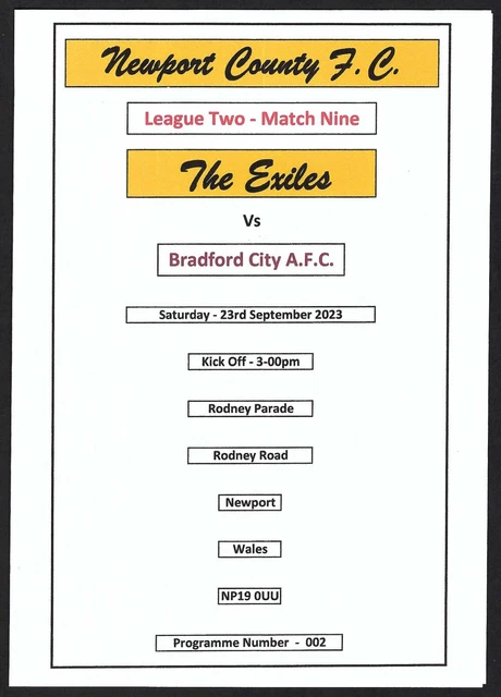 NEWPORT COUNTY v BRADFORD CITY 23.09.23 LEAGUE TWO PROGRAMME