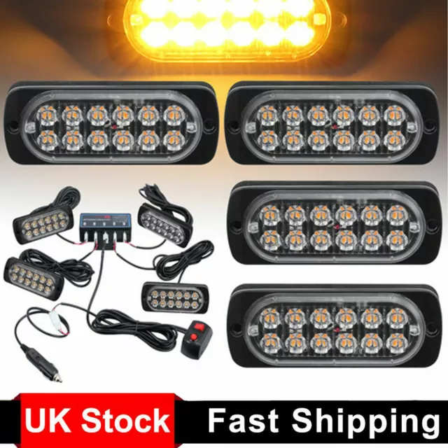 4x 12 LED Amber Car Recovery Strobe Flashing Light Breakdown Grill Beacon 12V