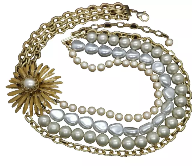 Sand-Yellow Strawflower - Triple strands Pearls, Textured Chain Necklace (551B)