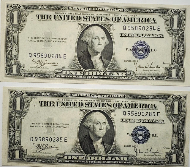 1935 C Two Serial One Dollar Bills Q95890284E & Q95890285E Silver Certificate $1