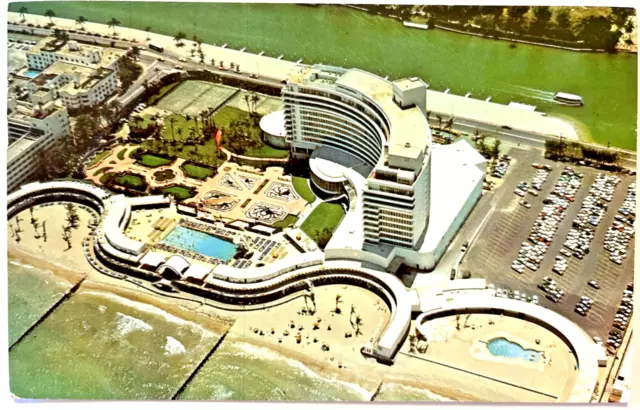 Miami FL Florida Aerial View Hotel Fontainebleau  1960s  Postcard Chrome