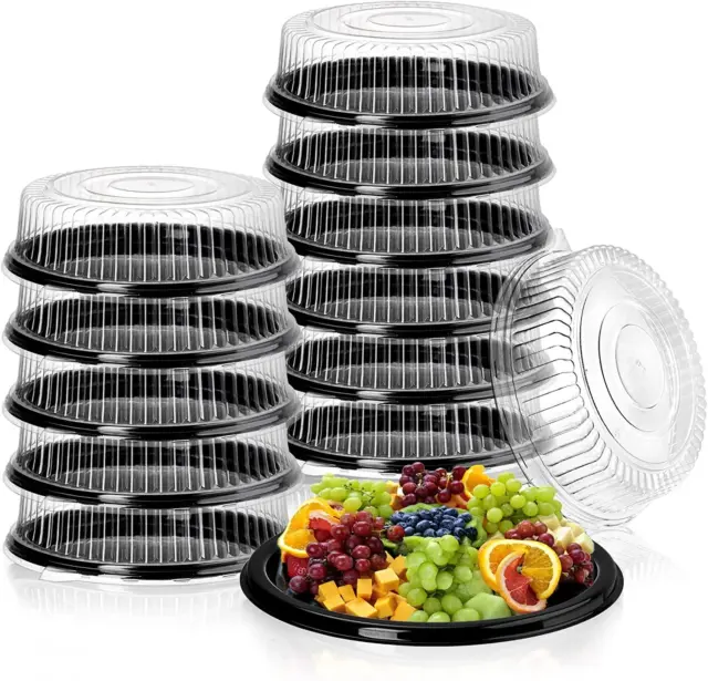 Frcctre 12 Pack Plastic Serving Tray with Lid, 12" Disposable Black