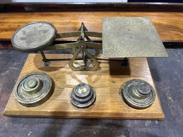 Antique Victorian Brass Small Postal Weighing Scales and Weights