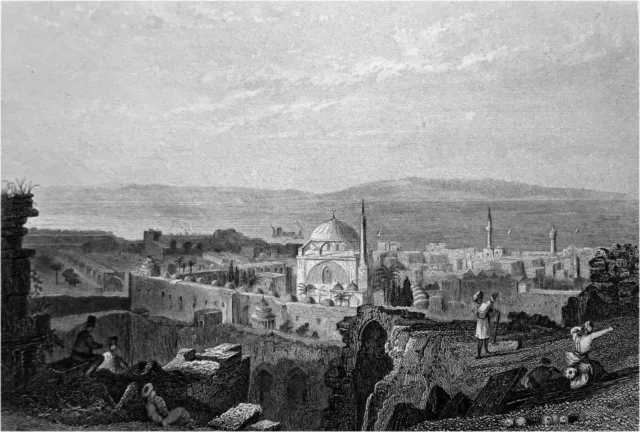 ISRAEL - SAINT JOHN OF ACRE and Mount Carmel on the horizon - 19th century engraving