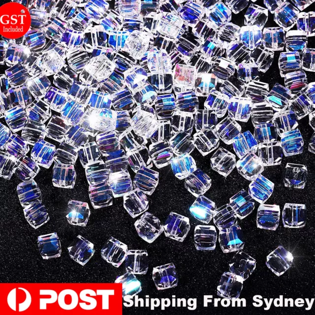 100pcs Square Cube Beads Crystal Glass Prism Faceted 4mm Clear AB Colour Jewelry