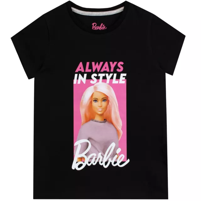 Barbie T-Shirt Kids Girls 4 5 6 7 8 9 10 11 12 Years Short Sleeve Black Pink