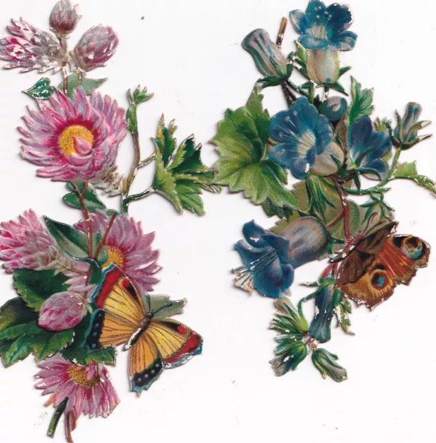 1800's Victorian Die Cut Scrap Lot - Pink Blue Flowers Butterflies 4 inches