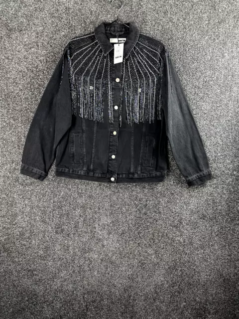 Topshop Women Jacket Size 12 Black Denim Diamante & Sequin Fringe Biker Style