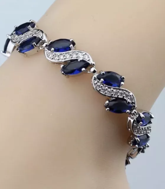 Blue Sapphire White Topaz Overlay Gemstone 925 Sterling Silver Bracelet