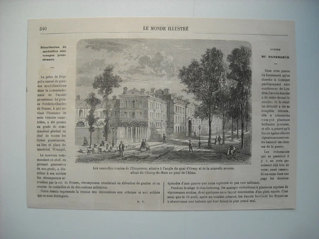 Gravure 1864. Les Nouvelles Ecuries De L’empereur, Situees Angle Quai D’orsay Et