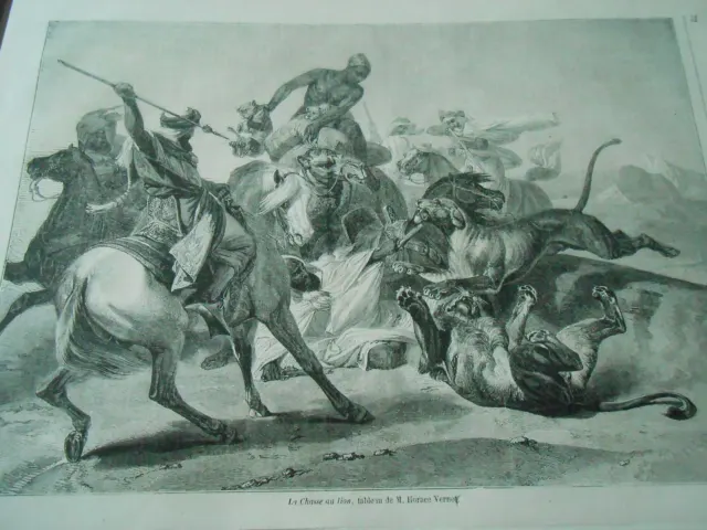 Gravure 1861 - La Chasse au Lion d'après Horace Vernet
