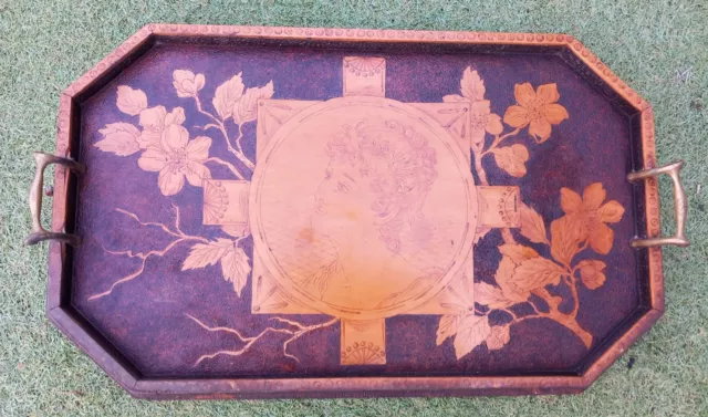 Antique Vintage Victorian Wooden Butlers Serving Tray Carved Flowers Dated 1893