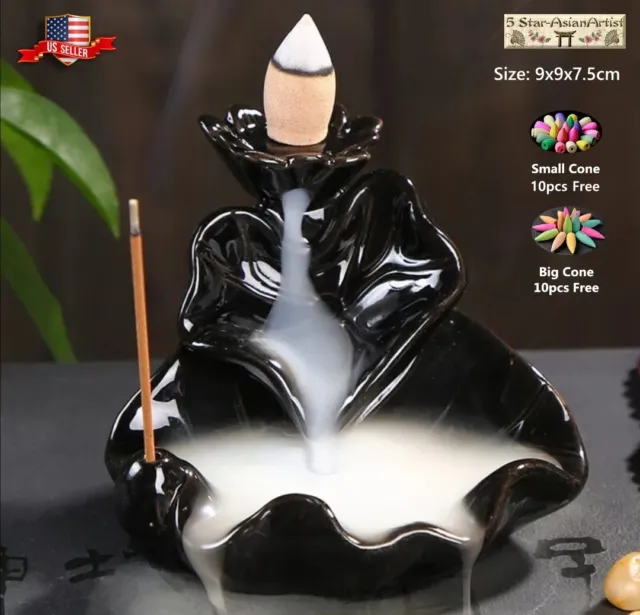 Ceramic Backflow Incense Burner Holder Lotus Waterfall & Incense Cones Gift 3