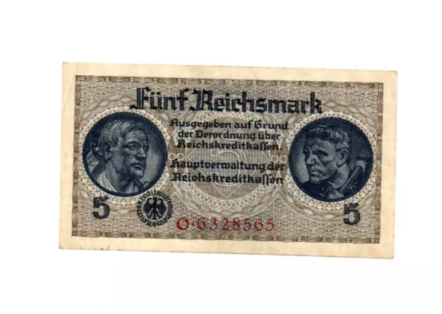 Genuine 5 Reichsmark 3 reich nazi banknote WW II very fine con swastika  !!