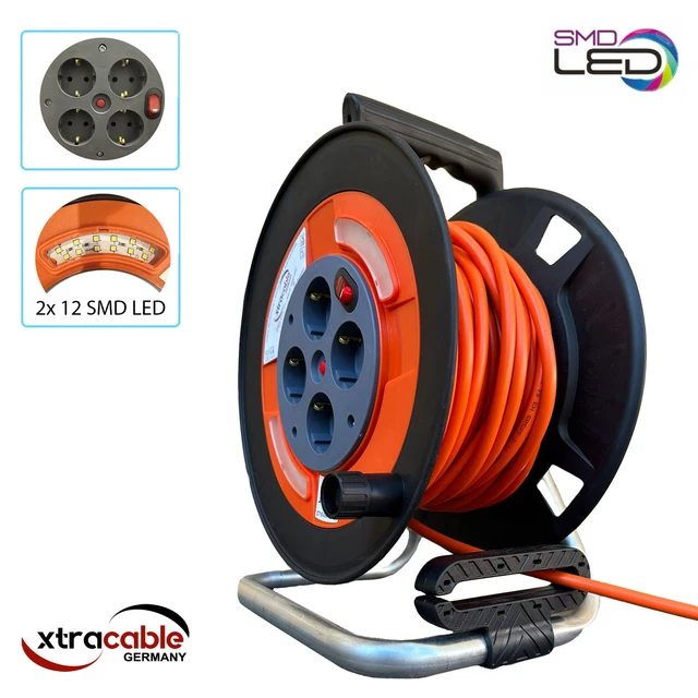 Tambor de cable cable cable de extensión 50m cable de alimentación con 4 enchufes y foco LED