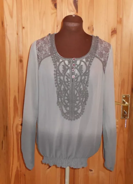 FRANSA grey ombre dip dye chiffon lace long sleeve tunic top blouse S 8-10 36-38