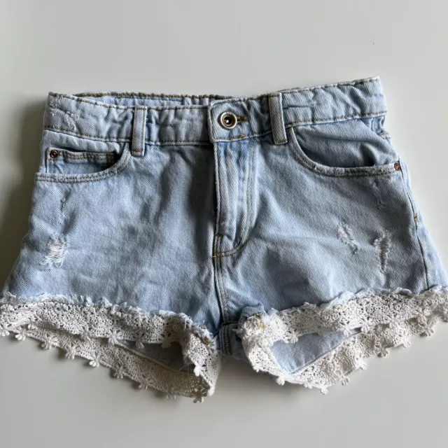 Zara Kids Jean Shorts Distressed Lace Trim Denim Light Blue Size9 3