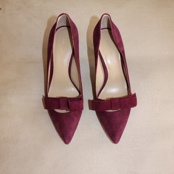 Ann Taylor Odette Wine Suede Bow Heels Shoes Fashion Blogger Work Pumps 7.5