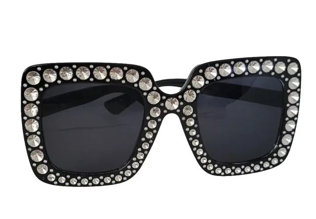 XXL Oversized Sunglasses Black Square W/Huge Silver Sparkles Women Novelty Party