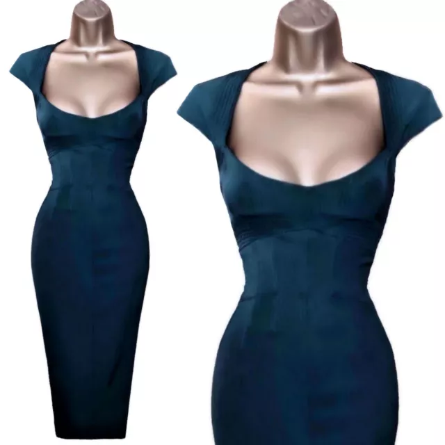 Karen Millen UK 10 (US 6) STUNNING VINTAGE TEAL GREEN CORSET PENCIL DRESS