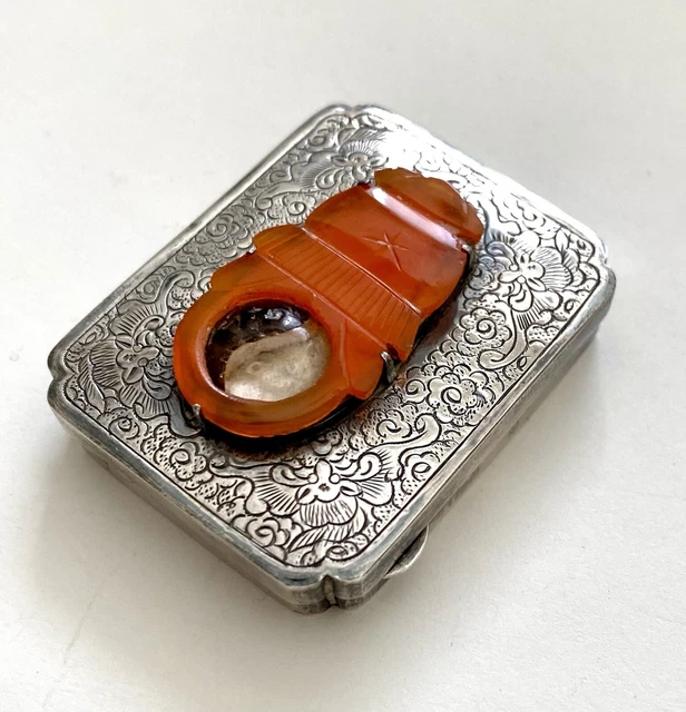 ANTIQUE CHINESE SNUFF BOX - Yin & Yang Box - Ornate Silver, Carnelian ...