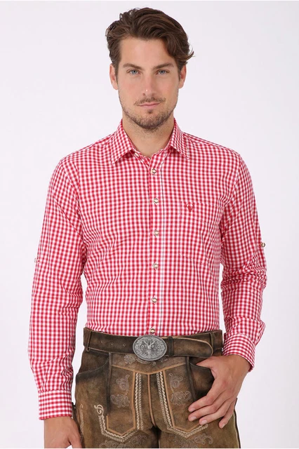 Krueger Uomo Camicia Attillata Scacchi Con Hirschstickerei 000951 Rosso Bordeaux