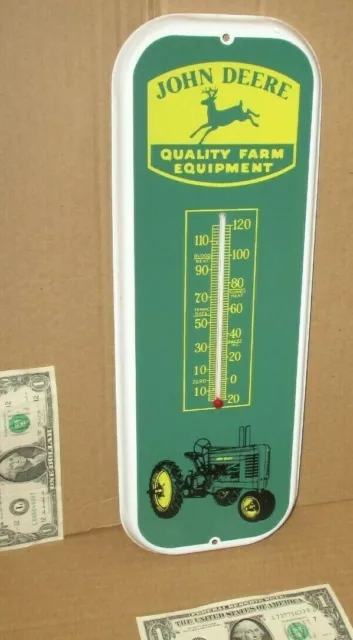 JOHN DEERE Quality Farm Equipment TIN THERMOMETER SIGN - Four Leg Deer & Tractor