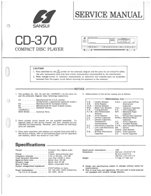 Service Manual Instructions for Sansui CD-370