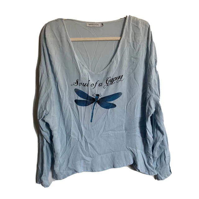 Misslook Womens Plus Size 3XL Blue Soul of Gypsy Dragonfly Graphic Gauze Blouse Misslook Womens Plus Size 3XL Blue Soul of Gypsy Dragonfly Graphic Gauze Blouse