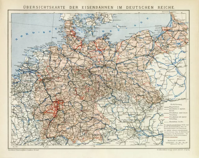 Eisenbahnen Deutsches Reich historische Landkarte Karte Lithographie ca. 1892