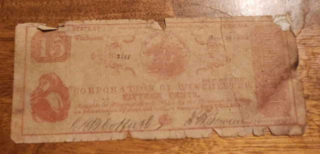 Winchester Virginia 1861 Corporation of Winchester 15 Cents Obsolete Banknote