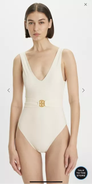 NWT TORY BURCH MILLER PLUNGE ONE-PIECE SWIMSUIT NEW IVORY No Belt SIZE M $198