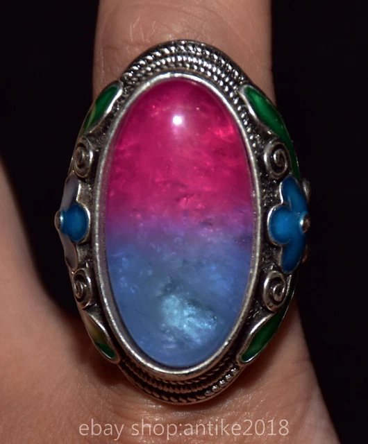 1.6" Old China Silver Inlay Starlight Color Gem Flower Jewelry Ring Finger Rings