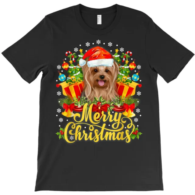 Cute Yorkie Christmas Gift Lights With Santa Hat Dog Dad Mom T-Shirt