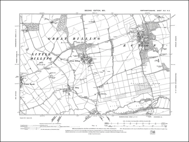 Billing, Ecton, Weston Favell, old map Northants 1901: 45NE repro