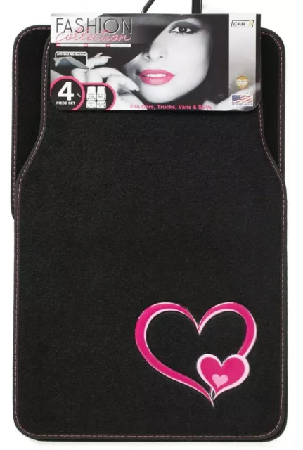 Sumex Black & Pink Love Heart Girls Fun Universal Car Van Carpet Mat Set - 4pce