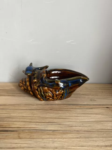 Glazed Ceramic Conch Shell Dolphins Swimming Planter/Bowl Flower Pot Dish
