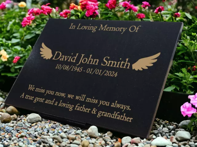 Personalised Engraved Granite Memorial, Grave Marker, Crem, 29x21cm, Angel wings