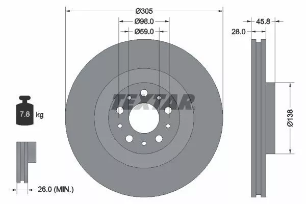 Textar Set 2x Bremsscheibe 92237603 für Fiat Opel 500L + Doblo + Kasten + 10->