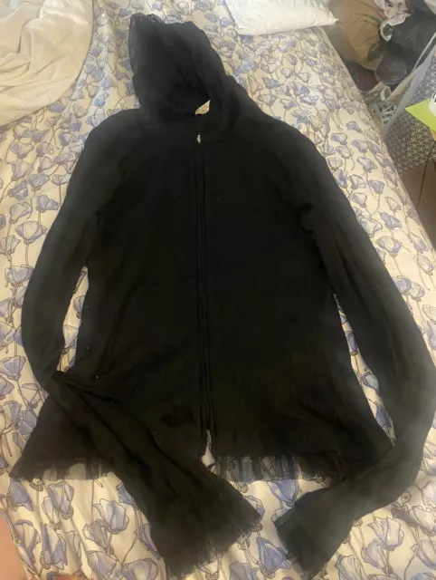 Luna Luz Full Zip Hoodie Black Ribbed Fine Knit Lace Trim Medium Fabulous!