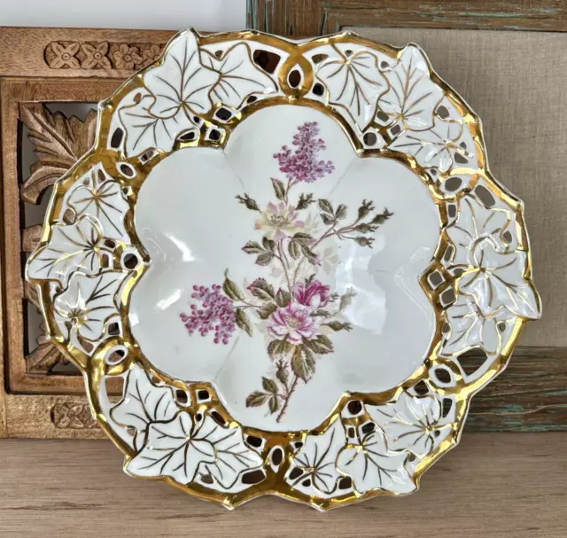 1920's Porcelain Floral Bowl Plate Reticulated Border Gold 12.5" Scalloped