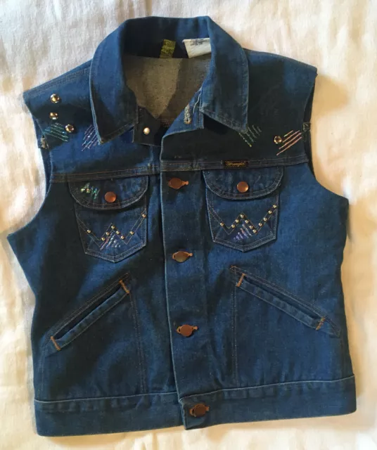 Wrangler Vintage Womens No-Fault Denim Jean Vest Medium M Embellished 1970s USA