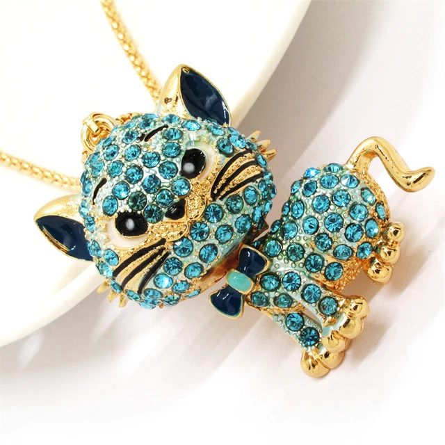 Hot Betsey Johnson Animal Blue Rhinestone Cat Crystal Pendant Chain Necklace 2