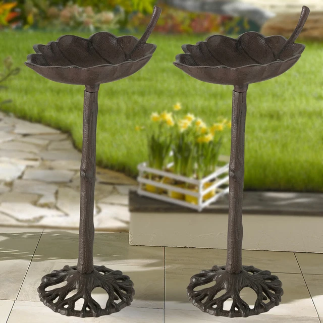 2x Vogel Bad Wasser Tränke Gusseisen Blatt Design braun Terrassen Garten Deko