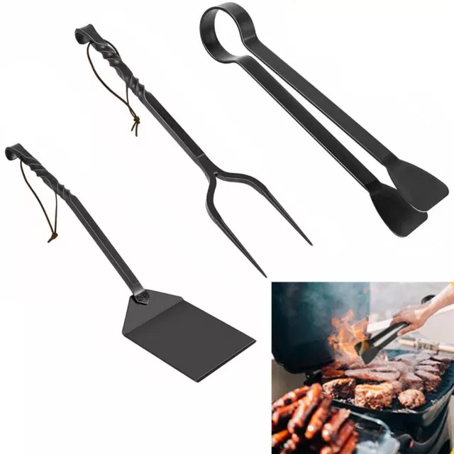 3PC Hand Forge Rustic Metal Barbeque Grill Tools Set BBQ Tongs, Fork and Spatula