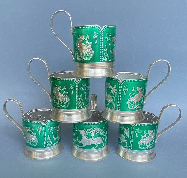 Lot De 6 Porte-verres Russes Podstakannik – Aluminium Argenté – Neufs