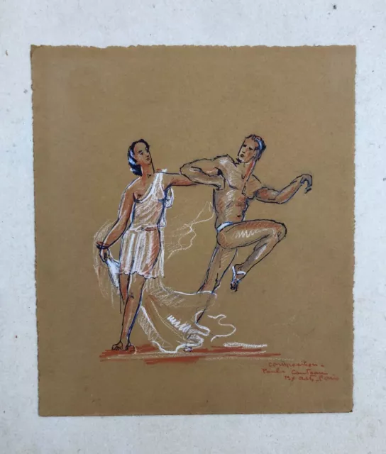 Old signed drawing, Antique Couple, Pastel, First half of the 20th century