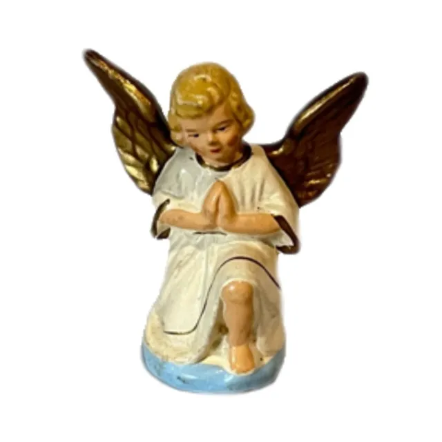 Vintage Angel Figurine Kneeling In Prayer Ceramic? Hand Painted Golden Wings